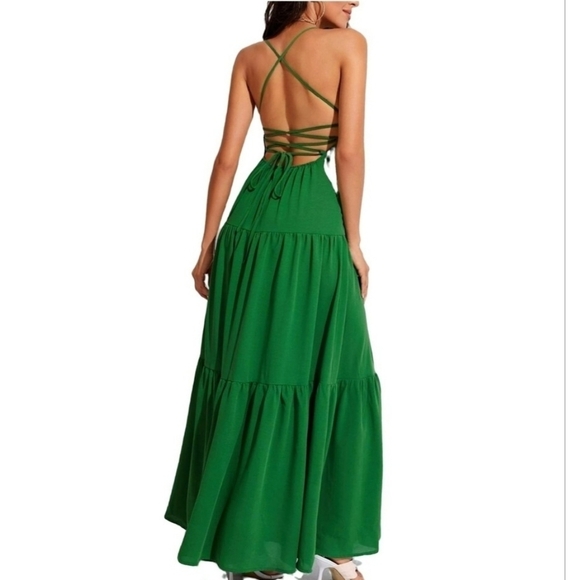 Boho Spaghetti Strappy Back Tiered Flowy Maxi Midi Cami Babydoll Dress Green - Picture 2 of 10